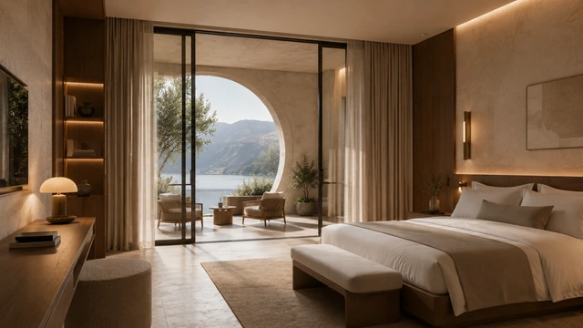 Stay: a guest room overlooking the mountains and water.